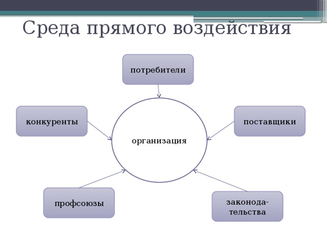 Среда прямого воздействия потребители организация конкуренты поставщики профсоюзы законода-тельства 
