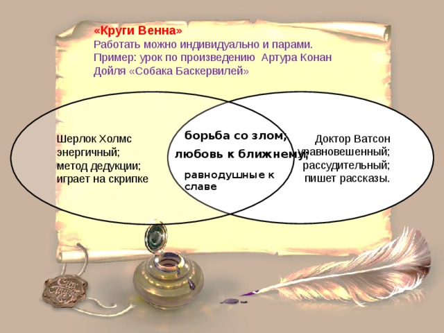 «Круги Венна» Работать можно индивидуально и парами. Пример: урок по произведению Артура Конан Дойля «Собака Баскервилей» Доктор Ватсон уравновешенный; рассудительный; пишет рассказы. Шерлок Холмс энергичный; метод дедукции; играет на скрипке борьба со злом;  любовь к ближнему ; равнодушные к славе 