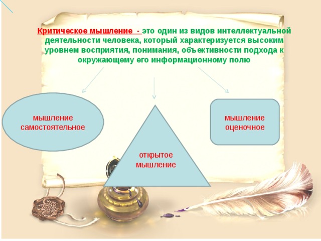 Критическое мышление - это один из видов интеллектуальной деятельности человека, который характеризуется высоким уровнем восприятия, понимания, объективности подхода к окружающему его информационному полю мышление самостоятельное мышление оценочное открытое мышление 