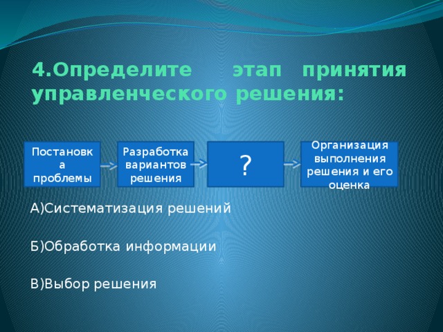 4.Определите этап принятия управленческого решения: Постановка проблемы Разработка вариантов решения ? Организация выполнения решения и его оценка А)Систематизация решений Б)Обработка информации В)Выбор решения 