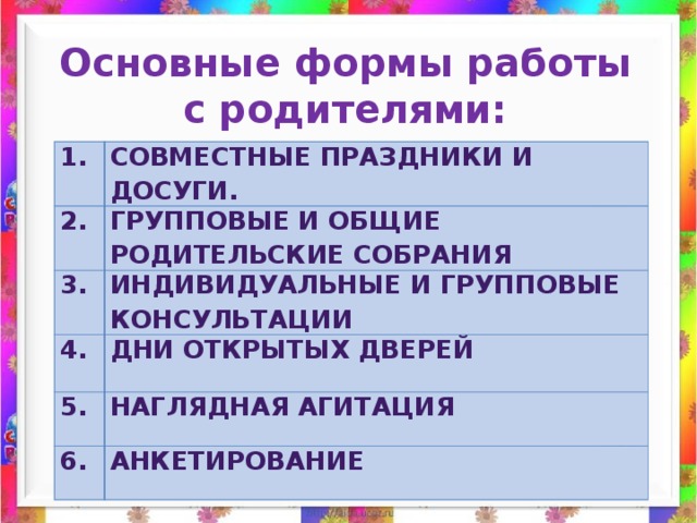  Основные формы работы с родителями:   1. 2. Совместные праздники и досуги. Групповые и общие родительские собрания 3. Индивидуальные и групповые консультации 4. Дни открытых дверей 5. Наглядная агитация 6. Анкетирование 