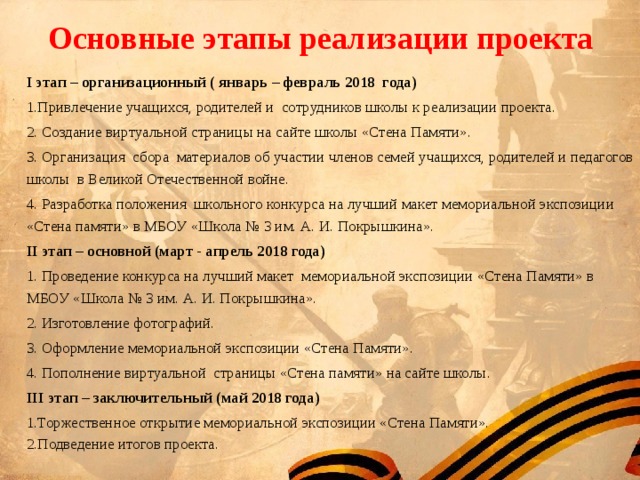Основные этапы реализации проекта I этап – организационный ( январь – февраль 2018 года) 1.Привлечение учащихся, родителей и сотрудников школы к реализации проекта. 2. Создание виртуальной страницы на сайте школы «Стена Памяти». 3. Организация сбора материалов об участии членов семей учащихся, родителей и педагогов школы в Великой Отечественной войне. 4. Разработка положения школьного конкурса на лучший макет мемориальной экспозиции «Стена памяти» в МБОУ «Школа № 3 им. А. И. Покрышкина». II этап – основной (март - апрель 2018 года) 1. Проведение конкурса на лучший макет мемориальной экспозиции «Стена Памяти» в МБОУ «Школа № 3 им. А. И. Покрышкина». 2. Изготовление фотографий. 3. Оформление мемориальной экспозиции «Стена Памяти». 4. Пополнение виртуальной страницы «Стена памяти» на сайте школы. III этап – заключительный (май 2018 года) 1.Торжественное открытие мемориальной экспозиции «Стена Памяти». 2.Подведение итогов проекта. 