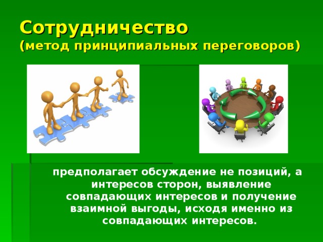 Сотрудничество  (метод принципиальных переговоров)  предполагает обсуждение не позиций, а интересов сторон, выявление совпадающих интересов и получение взаимной выгоды, исходя именно из совпадающих интересов.   