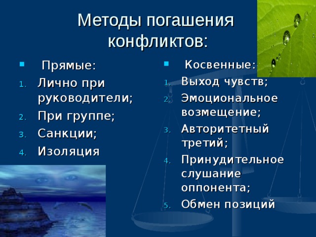 Методы погашения  конфликтов:  Прямые:  Косвенные: Лично при руководители; При группе; Санкции; Изоляция Выход чувств; Эмоциональное возмещение; Авторитетный третий; Принудительное слушание оппонента; Обмен позиций   