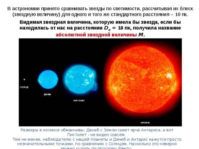 В астрономии принято сравнивать звезды по светимости, рассчитывая их блеск (звездную величину) для одного и того же стандартного расстояния – 10 пк . Видимая звездная величина, которую имела бы звезда, если бы находилась от нас на расстоянии D 0 = 10 пк , получила название абсолютной звездной величины  М .  Размеры в космосе обманчивы: Денеб с Земли сияет ярче Антареса, а вот Пистолет - не виден совсем. Тем не менее, наблюдателю с нашей планеты и Денеб и Антарес кажутся просто незначительными точками, по сравнению с Солнцем. Насколько это неверно можно судить по простому факту: Пистолет выпускает в секунду столько же света, сколько Солнце - за год! Паллада 