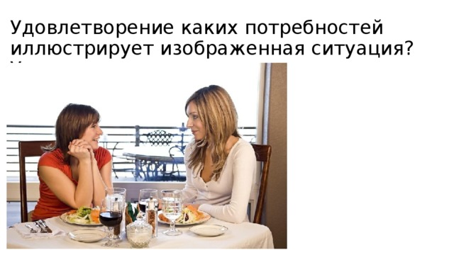 Удовлетворение каких потребностей иллюстрирует изображенная ситуация? Укажите не менее трех. 