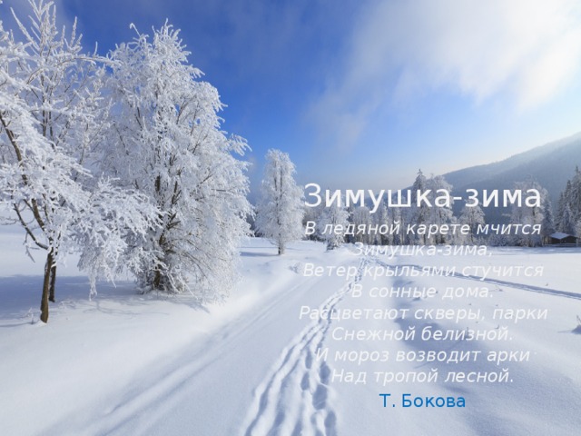 Зимушка-зима В ледяной карете мчится  Зимушка-зима,  Ветер крыльями стучится  В сонные дома.  Расцветают скверы, парки  Снежной белизной.  И мороз возводит арки  Над тропой лесной. Т. Бокова 
