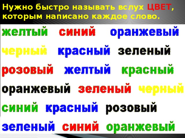 Нужно быстро называть вслух ЦВЕТ , которым написано каждое слово. 