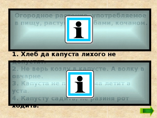 Огородное растение, употребляемое в пищу, растущее клубами, кочаном.  1. Хлеб да капуста лихого не допустят. 2. Не верь козлу в капусте. А волку в овчарне. 3. Капуста не пуста, сама летит в уста .  4. Капусту садить, не разиня рот ходить.   