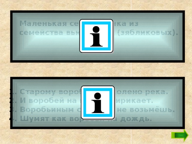 Маленькая серая птичка из семейства вьюрковых (зябликовых).  1. Старому воробью по колено река. 2. И воробей на кошку чирикает. 3. Воробьиным сердцем не возьмёшь. 4. Шумят как воробьи на дождь. 