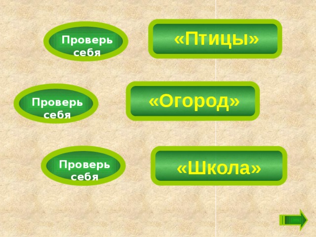 «Птицы» Проверь себя «Огород» Проверь себя «Школа» Проверь себя 
