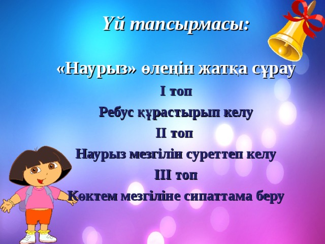 Үй тапсырмасы:  «Наурыз» өлеңін жатқа сұрау І топ Ребус құрастырып келу ІІ топ Наурыз мезгілін суреттеп келу ІІІ топ Көктем мезгіліне сипаттама беру 
