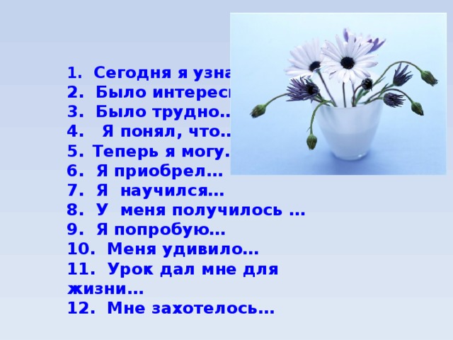 1. Сегодня я узнал… 2. Было интересно… 3. Было трудно… 4. Я понял, что… Теперь я могу… 6. Я приобрел… 7. Я научился… 8. У меня получилось … 9. Я попробую… 10. Меня удивило… 11. Урок дал мне для жизни… 12. Мне захотелось…