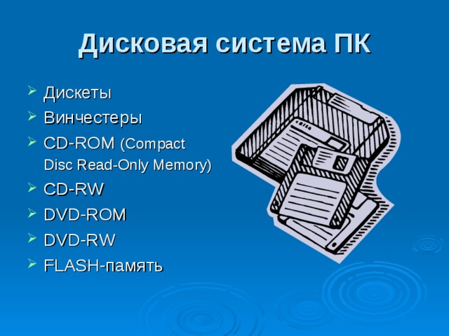 Дисковая система ПК Дискеты Винчестеры CD-ROM  (Compact Disc Read-Only Memory)  CD-RW DVD-ROM DVD-RW FLASH -память 