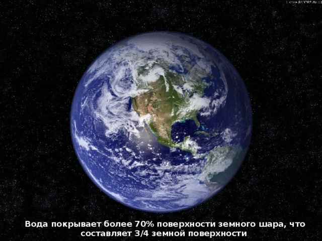 Вода покрывает более 70% поверхности земного шара, что составляет 3/4 земной поверхности 