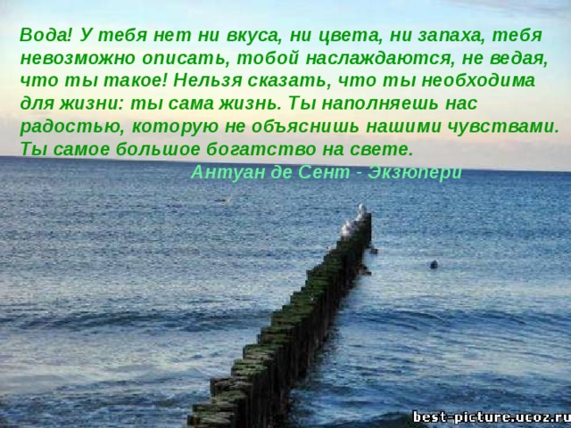 Вода! У тебя нет ни вкуса, ни цвета, ни запаха, тебя невозможно описать, тобой наслаждаются, не ведая, что ты такое! Нельзя сказать, что ты необходима для жизни: ты сама жизнь. Ты наполняешь нас радостью, которую не объяснишь нашими чувствами. Ты самое большое богатство на свете.    Антуан де Сент - Экзюпери 