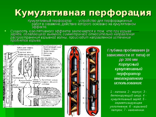 Кумулятивная перфорация Кумулятивный перфоратор     - устройство для перфорационных работ в скважине, действие которого основано на кумулятивном эффекте. Кумулятивный перфоратор     - устройство для перфорационных работ в скважине, действие которого основано на кумулятивном эффекте. Кумулятивный перфоратор     - устройство для перфорационных работ в скважине, действие которого основано на кумулятивном эффекте. Кумулятивный перфоратор     - устройство для перфорационных работ в скважине, действие которого основано на кумулятивном эффекте. Сущность кумулятивного эффекта заключается в том, что при взрыве заряда, обладающего выемкой, симметричной относительно направления распространения взрывной волны, происходит направленное истечение продуктов взрыва. Глубина пробивания (в зависимости от типа) от до 300 мм Корпусный кумулятивный перфоратор многократного использования:  1 - головка; 2 - корпус; 3 - детонирующий шнур; 4 - кумулятивный заряд; 5 - герметизирующее уплотнение; 6 - взрывной патрон; 7 - наконечник.     