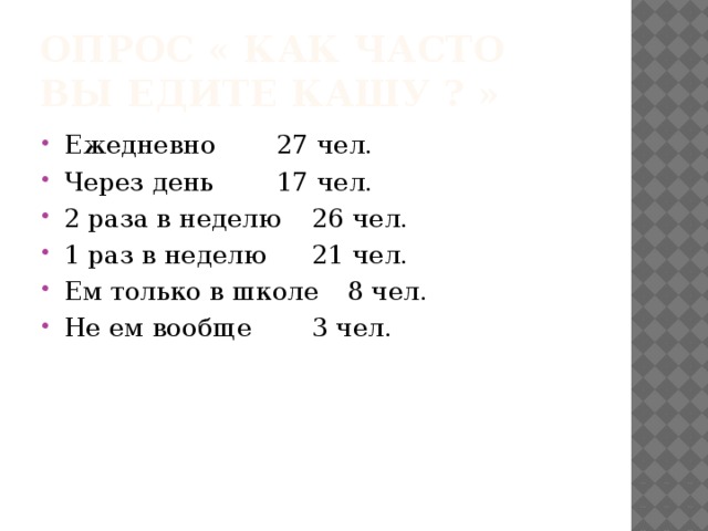 Опрос « как часто вы едите кашу ? » Ежедневно   27 чел. Через день   17 чел. 2 раза в неделю  26 чел. 1 раз в неделю   21 чел. Ем только в школе  8 чел. Не ем вообще   3 чел. 