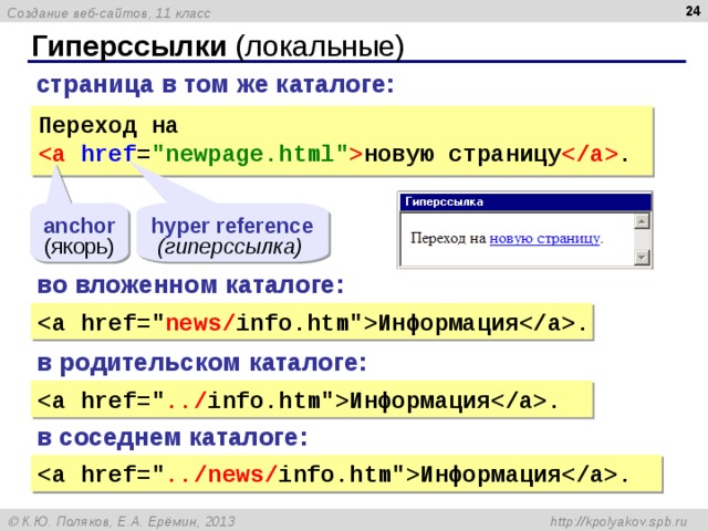  Гиперссылки (локальные) страница в том же каталоге: Переход на  a  href = 