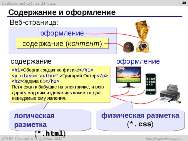  Содержание и оформление Веб-страница: оформление содержание ( контент ) содержание оформление  Сборник задач по физике   Григорий Остер   Задача 61   Петя ехал к бабушке на электричке, и всю дорогу над ним издевались какие-то два неведомые ему явления . физическая разметка ( *.css ) логическая разметка ( *.html ) 