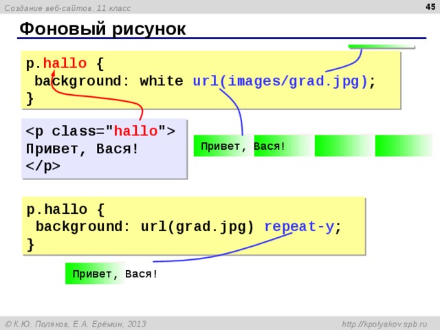  Фоновый рисунок p. hallo {  background: white url(images/grad.jpg) ; }  hallo 