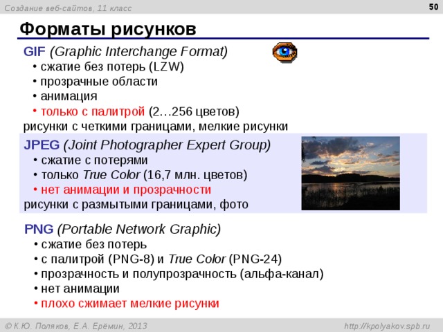  Форматы рисунков GIF  (Graphic Interchange Format) сжатие без потерь ( LZW ) прозрачные области анимация сжатие без потерь ( LZW ) прозрачные области анимация только с палитрой (2…256 цветов) только с палитрой (2…256 цветов) рисунки с четкими границами, мелкие рисунки JPEG  (Joint Photographer Expert Group) сжатие с потерями только True Color ( 16,7 млн. цветов ) сжатие с потерями только True Color ( 16,7 млн. цветов ) нет анимации и прозрачности нет анимации и прозрачности рисунки с размытыми границами, фото PNG  (Portable Network Graphic) сжатие без потерь с палитрой ( PNG-8) и True Color (PNG -24 ) прозрачность и полупрозрачность (альфа-канал) нет анимации сжатие без потерь с палитрой ( PNG-8) и True Color (PNG -24 ) прозрачность и полупрозрачность (альфа-канал) нет анимации плохо сжимает мелкие рисунки плохо сжимает мелкие рисунки 