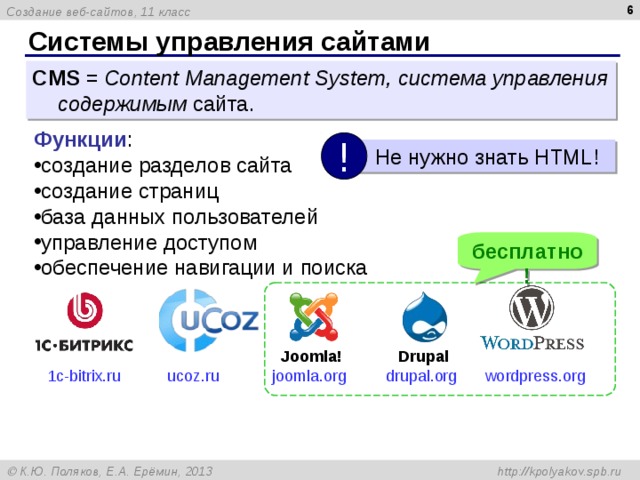  Системы управления сайтами CMS   = Content Management System , система управления содержимым сайта. Функции : создание разделов сайта создание страниц база данных пользователей управление доступом обеспечение навигации и поиска !  Не нужно знать HTML ! бесплатно! Joomla! joomla.org  Drupal drupal.org  1c-bitrix.ru  ucoz.ru wordpress.org  