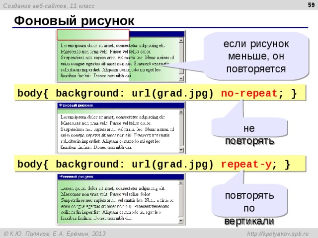  Фоновый рисунок если рисунок меньше, он повторяется body{  background: url(grad.jpg)  no-repeat ;  } не повторять body{  background: url(grad.jpg)  repeat - y ;  } повторять по вертикали 