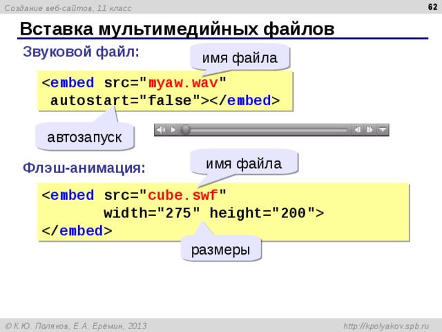  Вставка мультимедийных файлов Звуковой файл: имя файла  embed src=