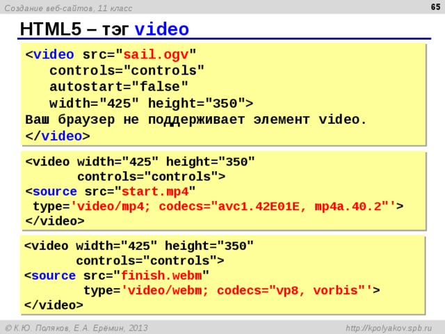  HTML5 – тэг video  video src=