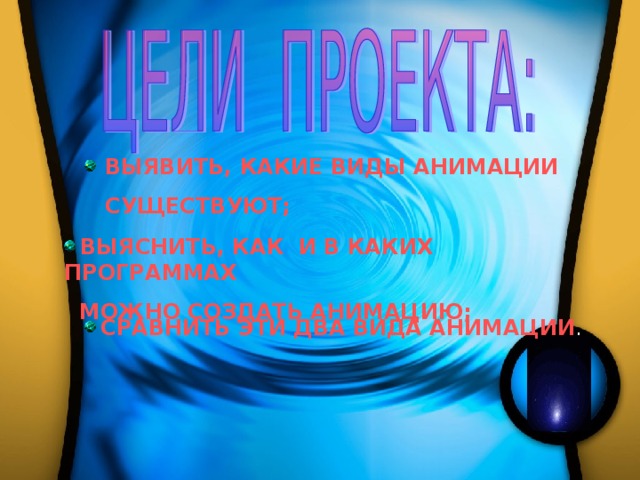  ВЫЯВИТЬ, КАКИЕ ВИДЫ АНИМАЦИИ  СУЩЕСТВУЮТ;  ВЫЯСНИТЬ, КАК И В КАКИХ ПРОГРАММАХ   МОЖНО СОЗДАТЬ АНИМАЦИЮ;  СРАВНИТЬ ЭТИ ДВА ВИДА АНИМАЦИИ . 