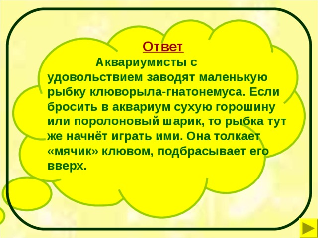 Ответ   Аквариумисты с удовольствием заводят маленькую рыбку клюворыла-гнатонемуса. Если бросить в аквариум сухую горошину или поролоновый шарик, то рыбка тут же начнёт играть ими. Она толкает «мячик» клювом, подбрасывает его вверх.