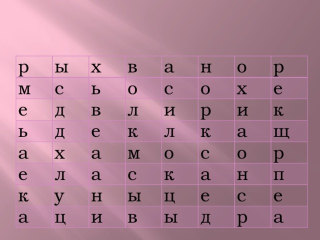 р ы м с е х в ь ь д д о в а а х е с л е н к л о о к и а а у м а х р л р ц к е с о н и и ы к а к с в а щ о ц ы р е н п д с е р а 