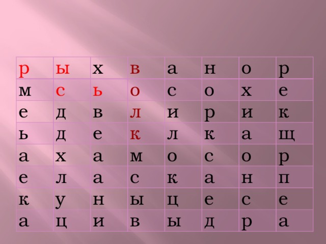 р ы м с е х в ь ь д д о в а а х е с л е н к л о о к и а а у м а х р л р ц к е с о н и и ы к а к с в а щ о ц ы р е н п д с е р а 