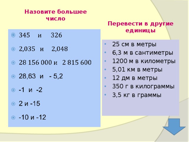 Назовите большее число Перевести в другие единицы 25 см в метры 6,3 м в сантиметры 1200 м в километры 5,01 км в метры 12 дм в метры 350 г в килограммы 3,5 кг в граммы  