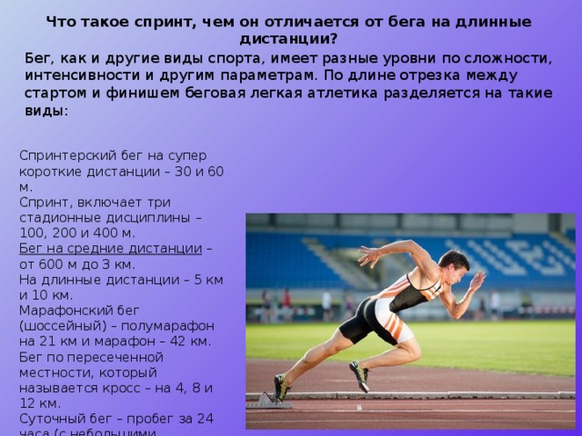 Что такое спринт, чем он отличается от бега на длинные дистанции? Бег, как и другие виды спорта, имеет разные уровни по сложности, интенсивности и другим параметрам. По длине отрезка между стартом и финишем беговая легкая атлетика разделяется на такие виды: Спринтерский бег на супер короткие дистанции – 30 и 60 м. Спринт, включает три стадионные дисциплины – 100, 200 и 400 м. Бег на средние дистанции  – от 600 м до 3 км. На длинные дистанции – 5 км и 10 км. Марафонский бег (шоссейный) – полумарафон на 21 км и марафон – 42 км. Бег по пересеченной местности, который называется кросс – на 4, 8 и 12 км. Суточный бег – пробег за 24 часа (с небольшими перерывами). 
