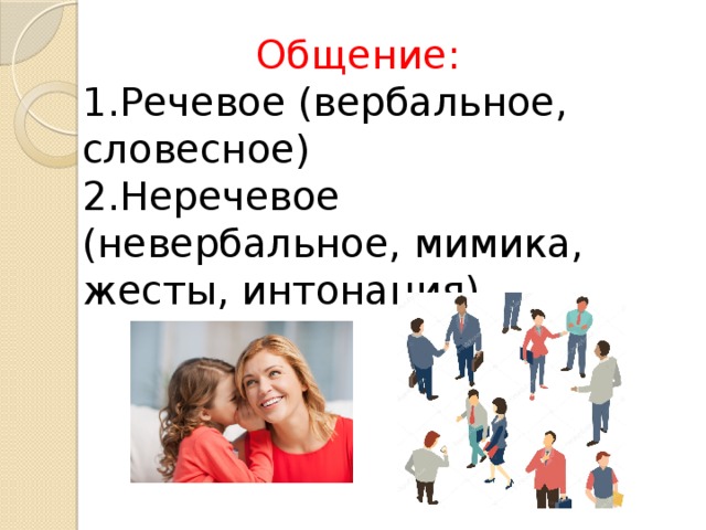 Общение: 1.Речевое (вербальное, словесное) 2.Неречевое (невербальное, мимика, жесты, интонация). 