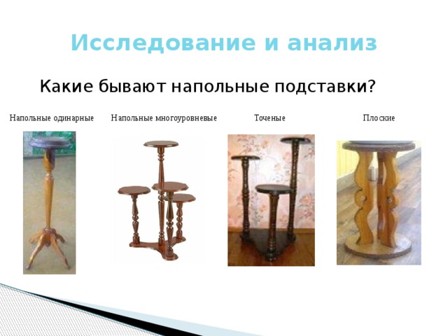 Исследование и анализ Какие бывают напольные подставки? Напольные одинарные Напольные многоуровневые Точеные Плоские 