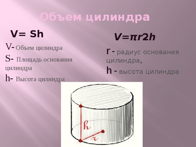 Объем цилиндра V= Sh V = πr ​2​​ h V-  Объем цилиндра S- Площадь основания цилиндра h- Высота цилиндра r  -  радиус основания цилиндра , h  -  высота цилиндра 