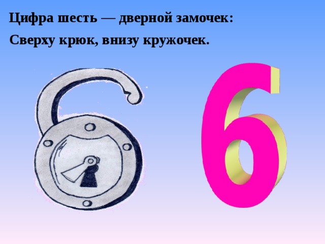 Цифра шесть — дверной замочек: Сверху крюк, внизу кружочек. 