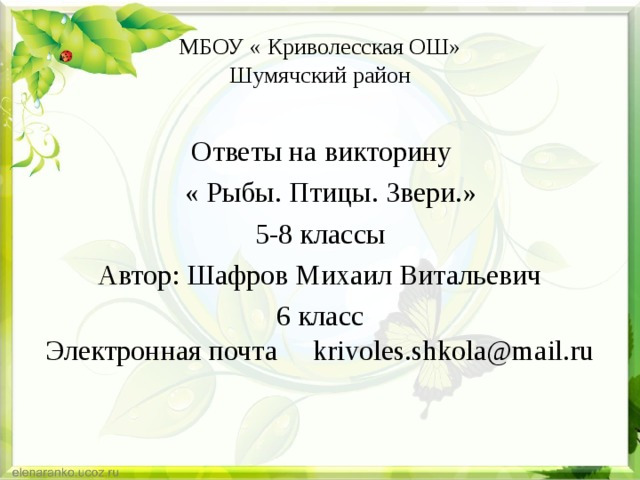 МБОУ « Криволесская ОШ»  Шумячский район  Ответы на викторину  « Рыбы. Птицы. Звери.» 5-8 классы Автор: Шафров Михаил Витальевич 6 класс Электронная почта krivoles.shkola@mail.ru 