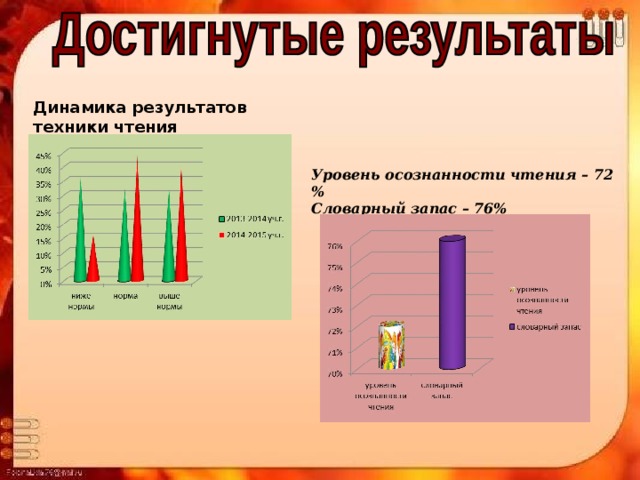 Динамика результатов техники чтения Уровень осознанности чтения – 72 % Словарный запас – 76% 