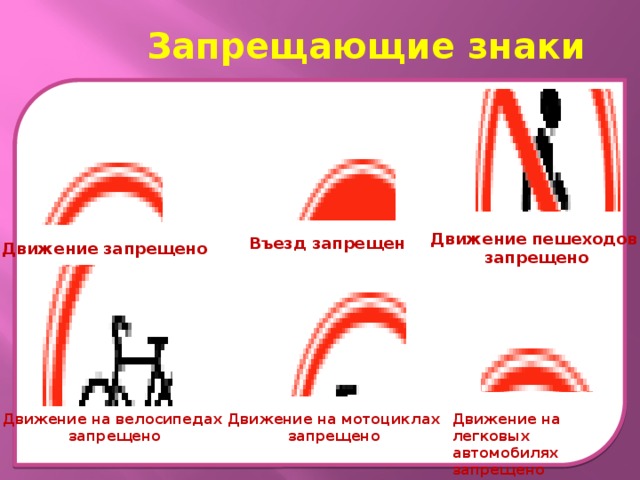 Запрещающие знаки Движение пешеходов запрещено Въезд запрещен Движение запрещено Движение на велосипедах Движение на мотоциклах Движение на легковых запрещено запрещено автомобилях запрещено 