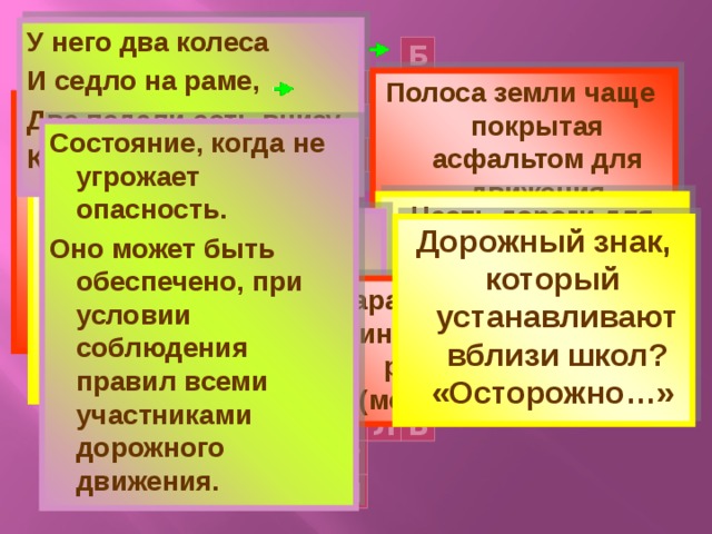У него два колеса И седло на раме, Две педали есть внизу Крутят их ногами. Б Полоса земли чаще покрытая асфальтом для движения транспортных средств Е Ш Е Д О Х П Человек, находящийся вне транспортного средства, участник движения З Состояние, когда не угрожает опасность. Оно может быть обеспечено, при условии соблюдения правил всеми участниками дорожного движения. В Т О Р О Ф С Е П Техническое средство, регулирующее дорожное движение на перекрёстке Часть дороги для передвижения пешеходов  А  Человек, управляющий каким-либо транспортным средством Дорожный знак, который устанавливают вблизи школ? «Осторожно…»  О С И П Е Д Л Е В Т Е Н Аппарат для передачи информации на расстоянии. (мобильный …) Р О Г А Д О Л С Е А Р Т У Ф Т О Д Р Л Ь О И Д В Т Е Н Т И 