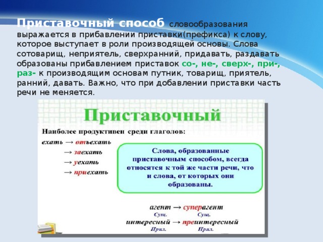 Приставочный способ словообразования выражается в прибавлении приставки(префикса) к слову, которое выступает в роли производящей основы. Слова сотоварищ, неприятель, сверхранний, придавать, раздавать образованы прибавлением приставок со-, не-, сверх-, при-, раз- к производящим основам путник, товарищ, приятель, ранний, давать. Важно, что при добавлении приставки часть речи не меняется. 