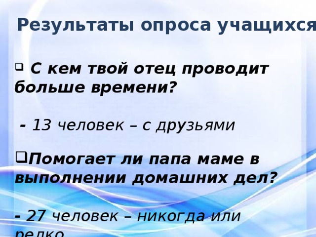Результаты опроса учащихся  С кем твой отец проводит больше времени?   - 13 человек – с друзьями  Помогает ли папа маме в выполнении домашних дел?  - 27 человек – никогда или редко    