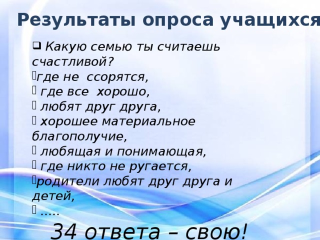 Результаты опроса учащихся  Какую семью ты считаешь счастливой? где не ссорятся,  где все хорошо,  любят друг друга,  хорошее материальное благополучие,  любящая и понимающая,  где никто не ругается, родители любят друг друга и детей,  ..... 34 ответа – свою! 