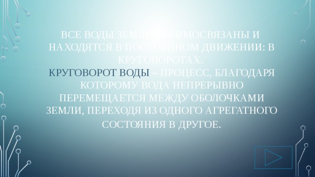 Все воды Земли взаимосвязаны и находятся в постоянном движении: в круговоротах.  Круговорот воды – Процесс, благодаря которому вода непрерывно перемещается между оболочками земли, переходя из одного агрегатного состояния в другое .   