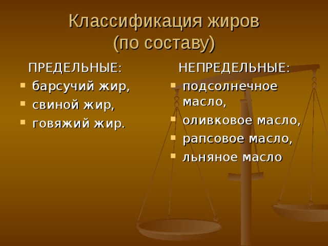 Классификация жиров  (по агрегатному состоянию) ТВЁРДЫЕ: барсучий жир, говяжий жир, свиной жир, пальмовое масло. ЖИДКИЕ: подсолнечное масло, оливковое масло, рапсовое, рыбий жир. 