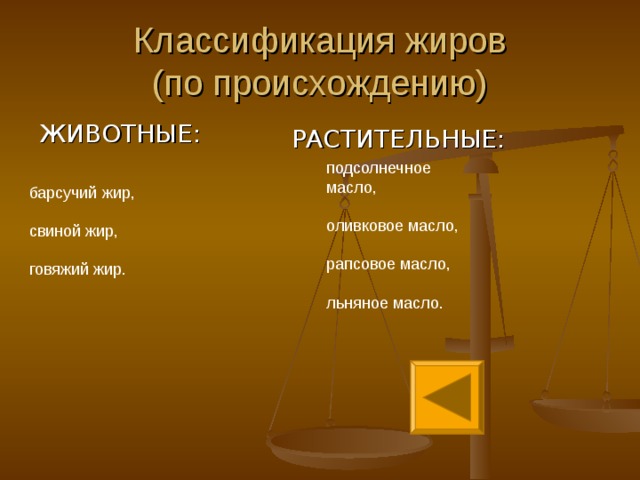 Классификация жиров  (по составу)  ПРЕДЕЛЬНЫЕ:  НЕПРЕДЕЛЬНЫЕ: барсучий жир, свиной жир, говяжий жир. подсолнечное масло, оливковое масло, рапсовое масло, льняное масло 